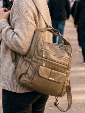 SOLID FAUX LEATHER SATCHEL/BACKPACK