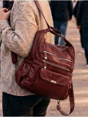 SOLID FAUX LEATHER SATCHEL/BACKPACK