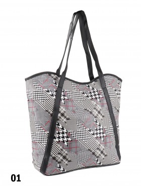 Houndstooth Print Tote Bag With Faux Leather Accents