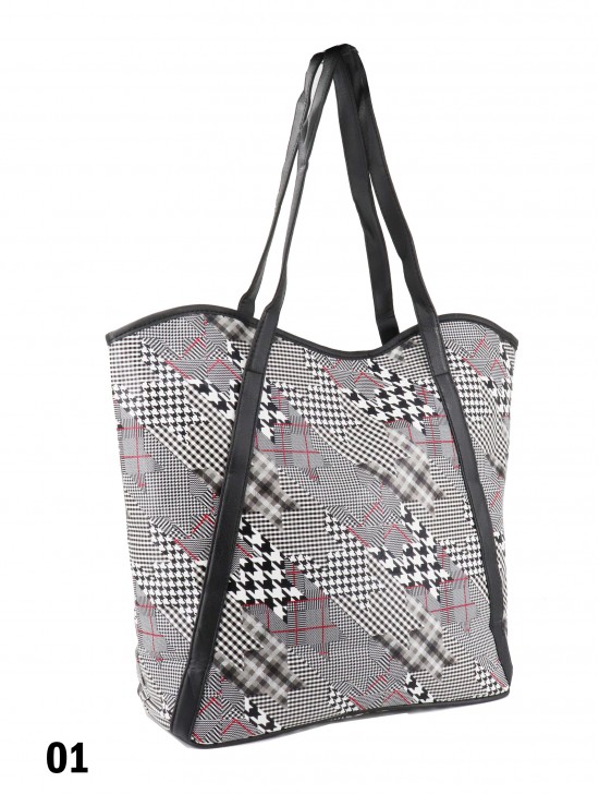 Houndstooth Print Tote Bag With Faux Leather Accents