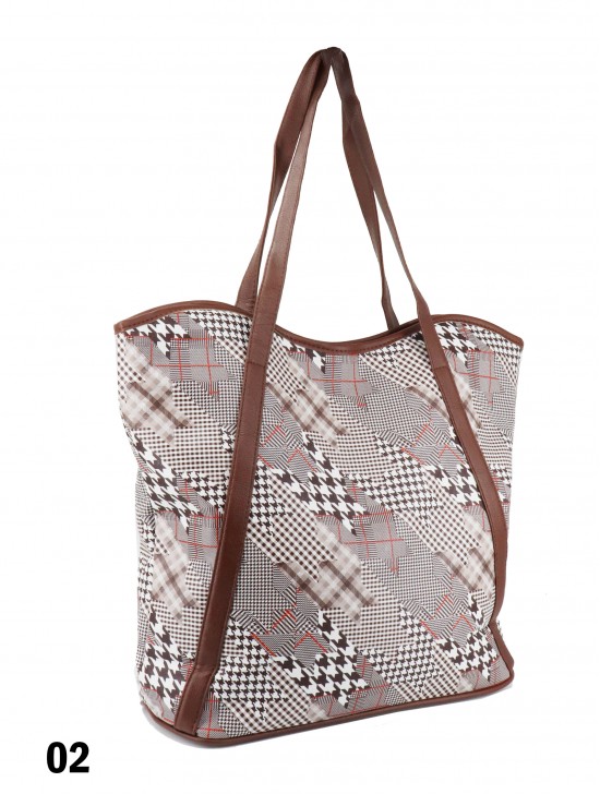 Houndstooth Print Tote Bag With Faux Leather Accents