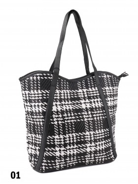 Houndstooth Print Tote Bag With Faux Leather Accents