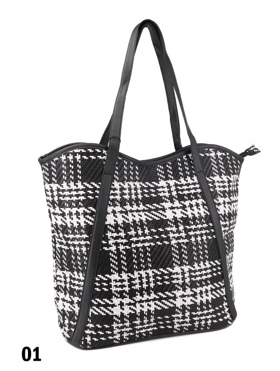 Houndstooth Print Tote Bag With Faux Leather Accents