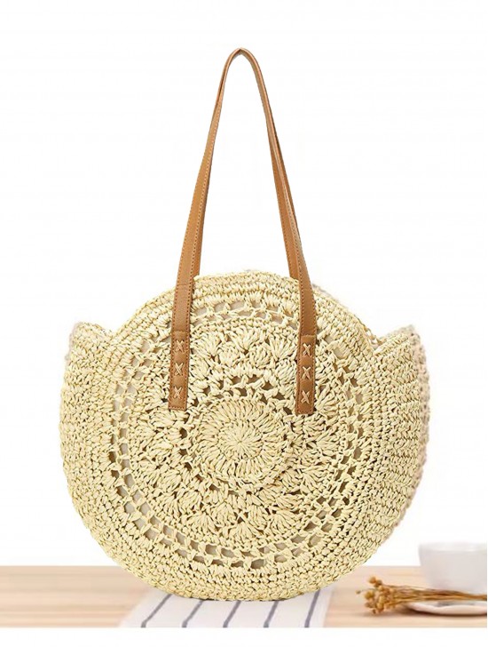 Premium Round Straw Weaved Bag with Faux Leather Strap