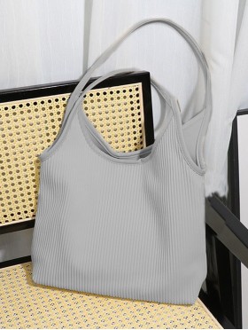 Faux Leather Ribbed Satchel Bag with Strap 
