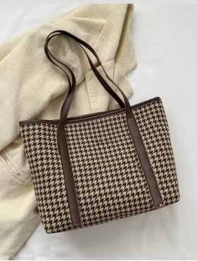 Houndstooth Print Tote Bag With Faux Leather Accents