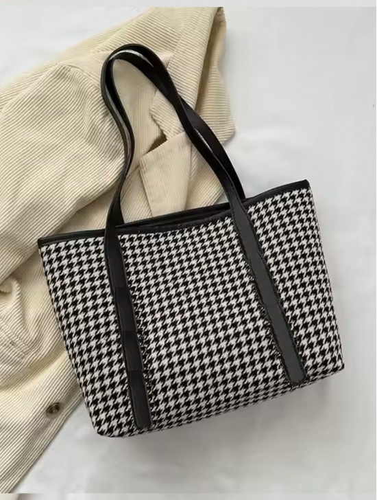 Houndstooth Print Tote Bag With Faux Leather Accents