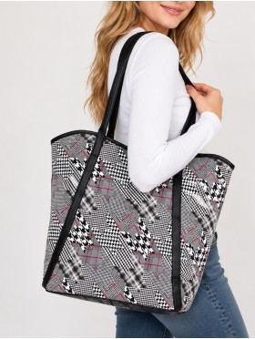 Houndstooth Print Tote Bag With Faux Leather Accents