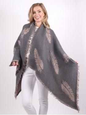 Asymmetrical Feather Patterned Scarf w/ Fringe