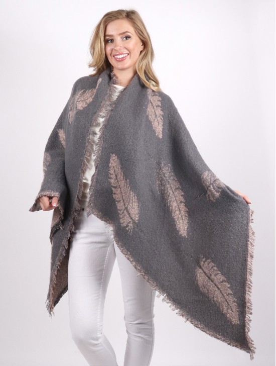 Asymmetrical Feather Patterned Scarf w/ Fringe