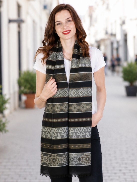 Abstract Printed Two-Tone Scarf W/ Fringe
