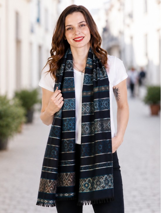Abstract Printed Two-Tone Scarf W/ Fringe