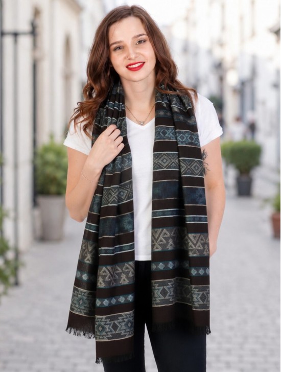 Abstract Printed Two-Tone Scarf W/ Fringe