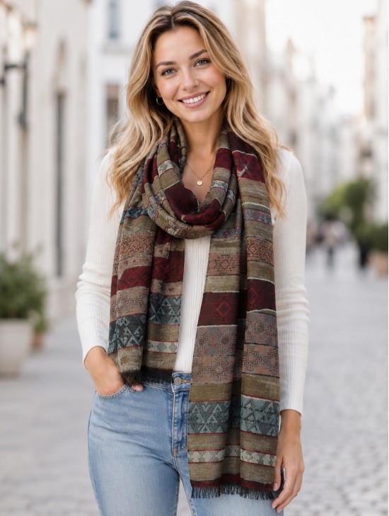 Abstract Printed Two-Tone Scarf W/ Fringe