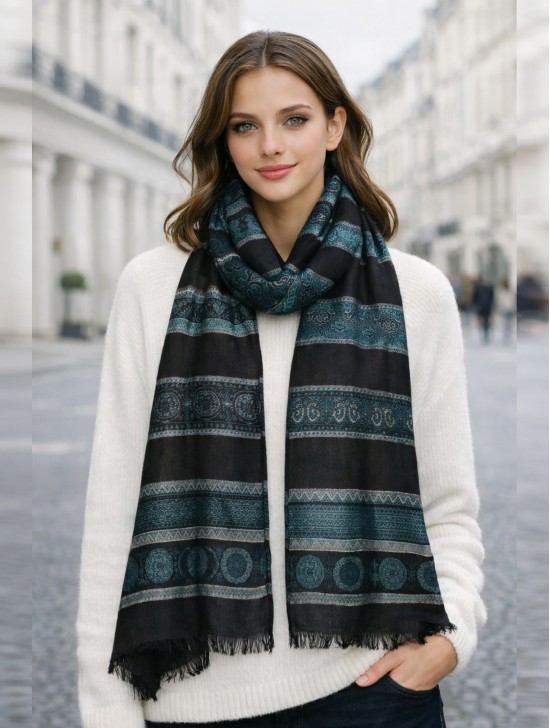 Abstract Printed Two-Tone Scarf W/ Fringe