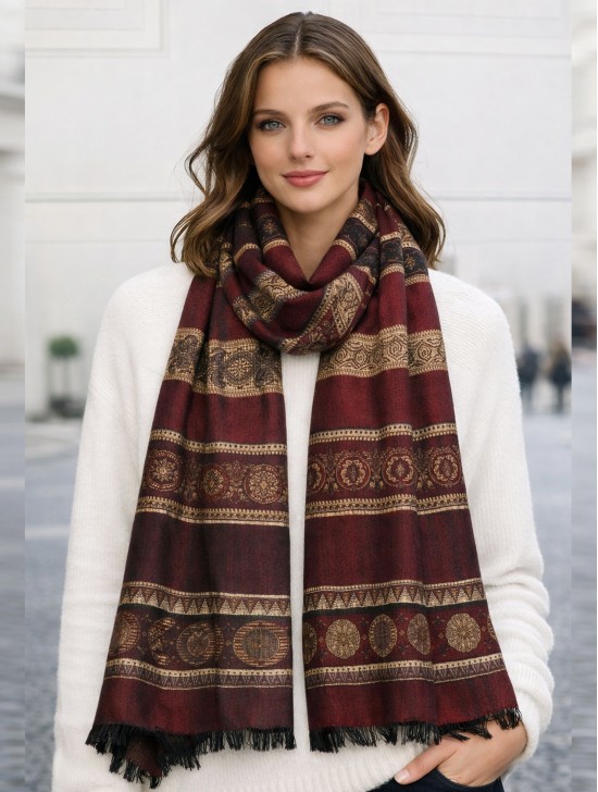 Abstract Printed Two-Tone Scarf W/ Fringe