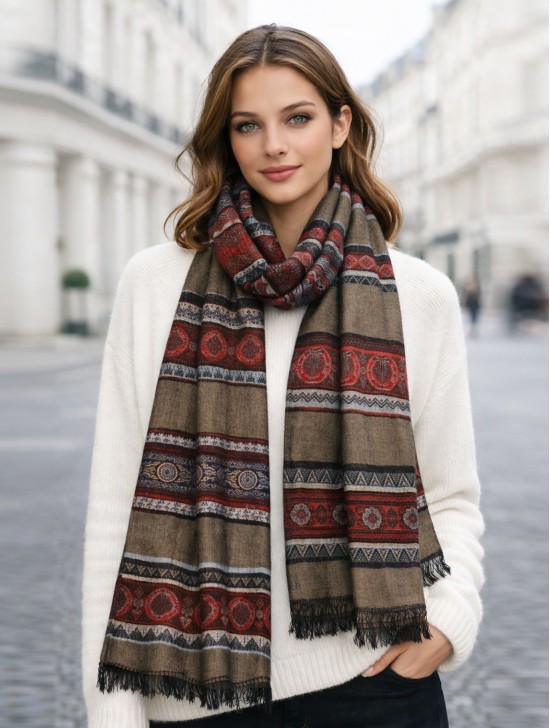 Abstract Printed Two-Tone Scarf W/ Fringe