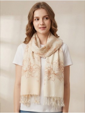 Two-Tone Thread Flower Embroidery Shawl Scarf W/ Tassels & Sequins
