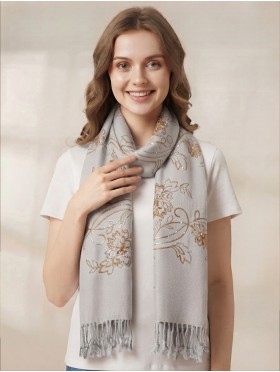 Two-Tone Thread Flower Embroidery Shawl Scarf W/ Tassels & Sequins