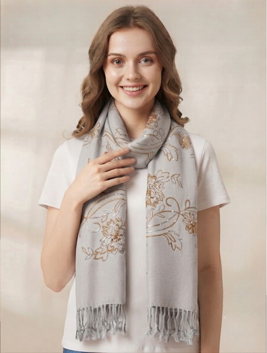 Two-Tone Thread Flower Embroidery Shawl Scarf W/ Tassels & Sequins