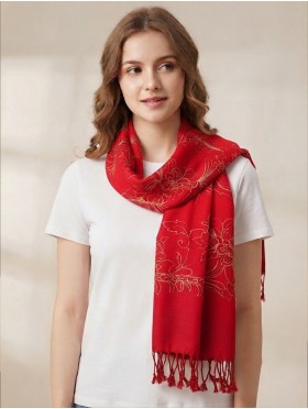 Two-Tone Thread Flower Embroidery Shawl Scarf W/ Tassels & Sequins