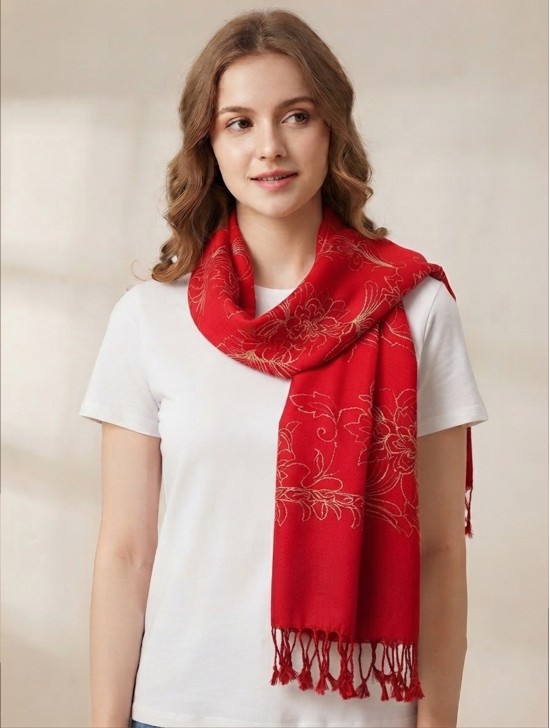 Two-Tone Thread Flower Embroidery Shawl Scarf W/ Tassels & Sequins