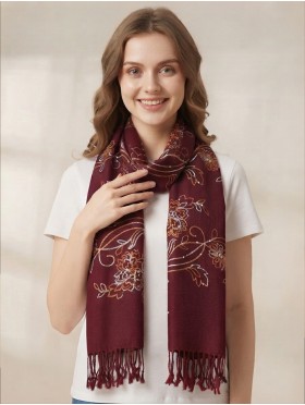 Two-Tone Thread Flower Embroidery Pashmina Scarf W/ Tassels & Sequins