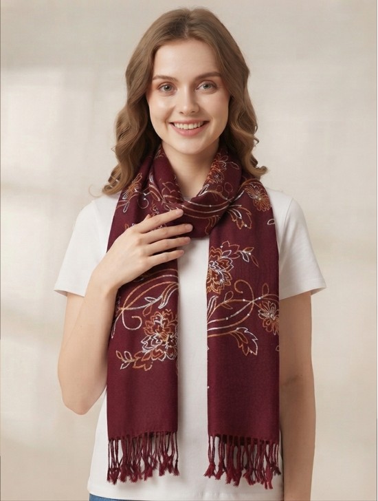 Two-Tone Thread Flower Embroidery Pashmina Scarf W/ Tassels & Sequins