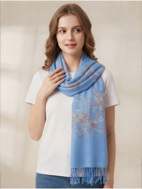 Two-Tone Thread Flower Embroidery Shawl Scarf W/ Tassels & Sequins