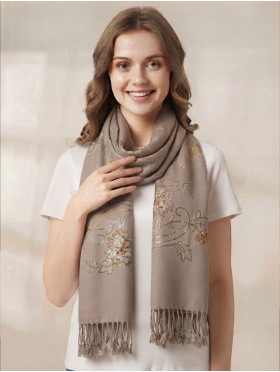 Two-Tone Thread Flower Embroidery Shawl Scarf W/ Tassels & Sequins
