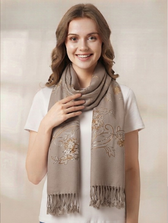 Two-Tone Thread Flower Embroidery Shawl Scarf W/ Tassels & Sequins Two-Tone Thread Flower Embroidery Shawl Scarf W/ Tassels & Sequins