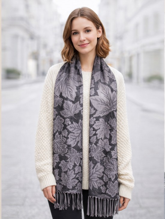 Maple Leaf Print Shawl Scarf W/ Tassels