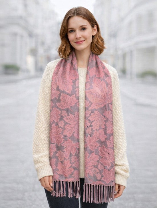 Maple Leaf Print Shawl Scarf W/ Tassels