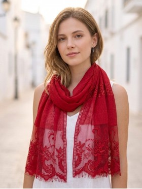 Stripes & Floral  Cut-Out Lace Design Scarf 
