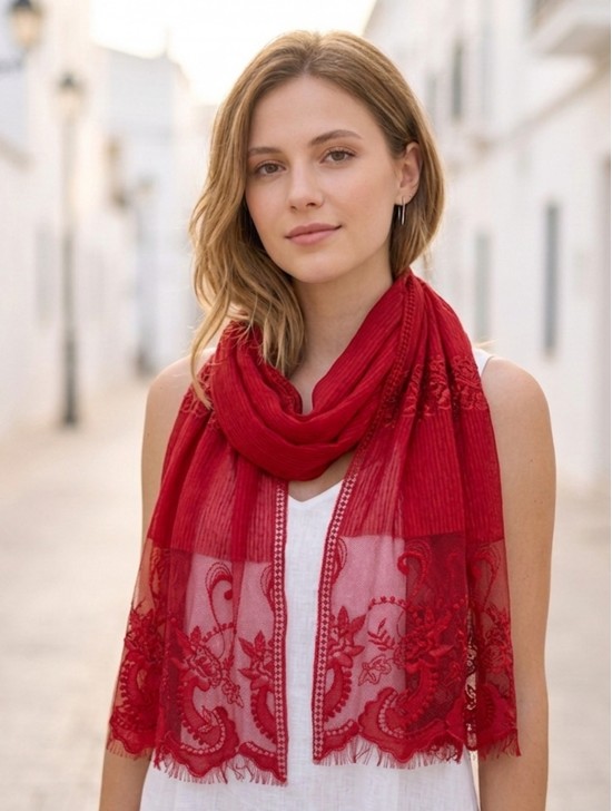 Stripes & Floral  Cut-Out Lace Design Scarf 