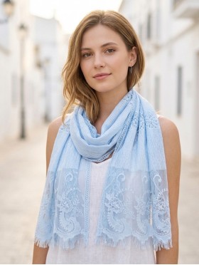 Stripes & Floral  Cut-Out Lace Design Scarf 