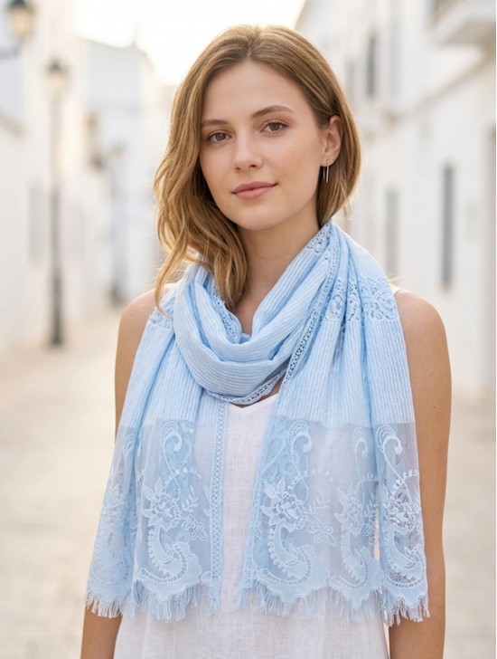 Stripes & Floral Cut-Out Lace Design Scarf Stripes & Floral Cut-Out Lace Design Scarf