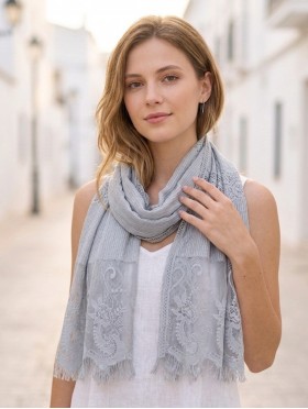Stripes & Floral  Cut-Out Lace Design Scarf 