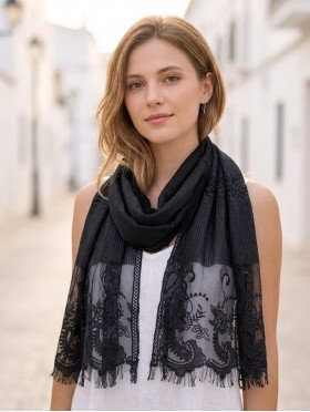 Stripes & Floral  Cut-Out Lace Design Scarf 