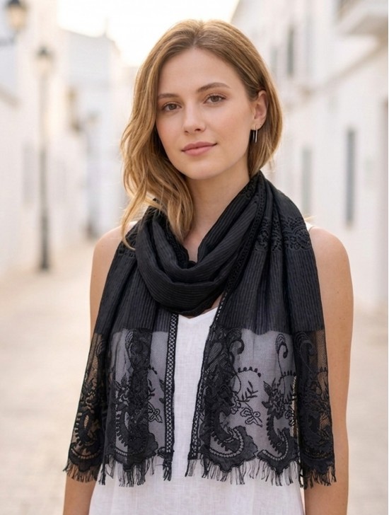 Stripes & Floral Cut-Out Lace Design Scarf Stripes & Floral Cut-Out Lace Design Scarf