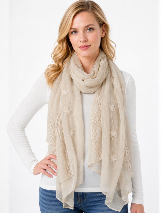 Lightweight Flower and Lace Embroidered Scarf