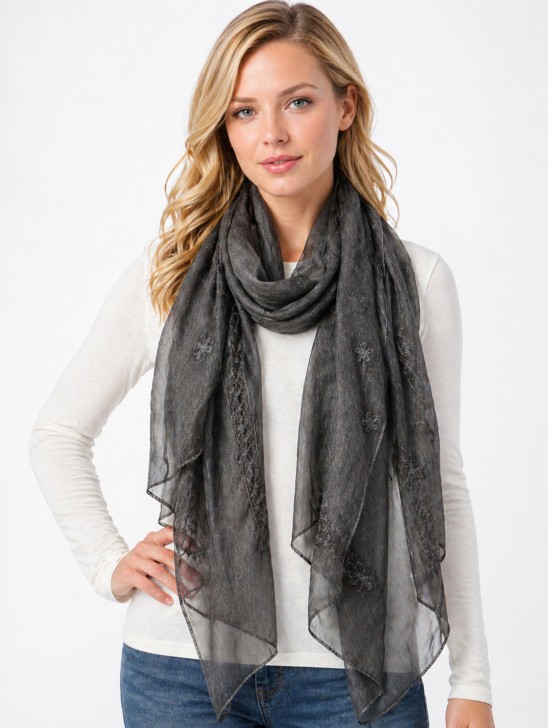 Lightweight Flower and Lace Embroidered Scarf