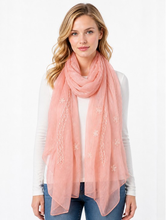 Lightweight Flower and Lace Embroidered Scarf