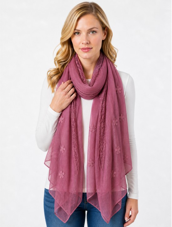 Lightweight Flower and Lace Embroidered Scarf