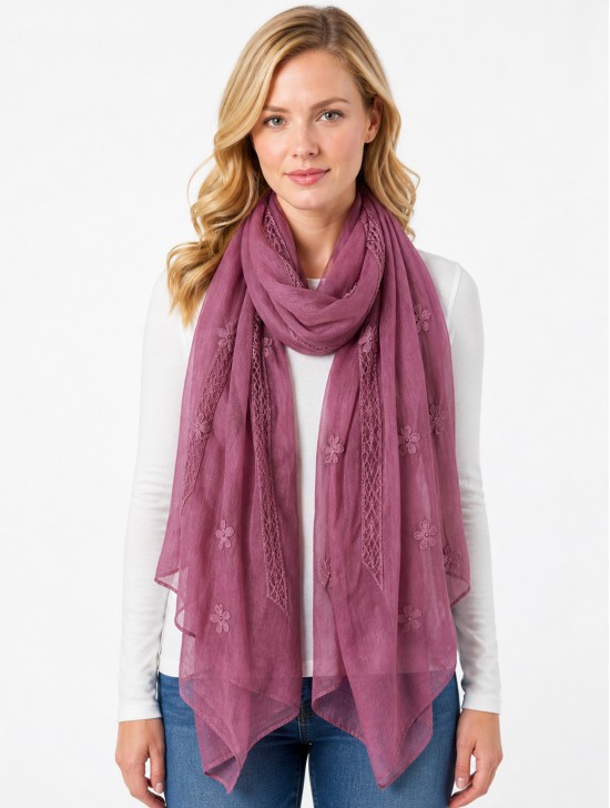 Lightweight Flower and Lace Embroidered Scarf