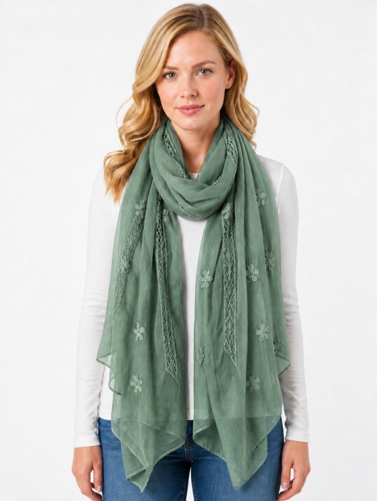 Lightweight Flower and Lace Embroidered Scarf