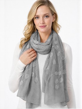 Lightweight Scarf with Embroidered Leaves 