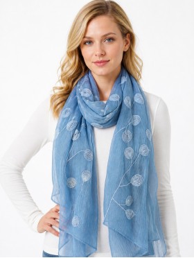 Lightweight Scarf with Embroidered Leaves 