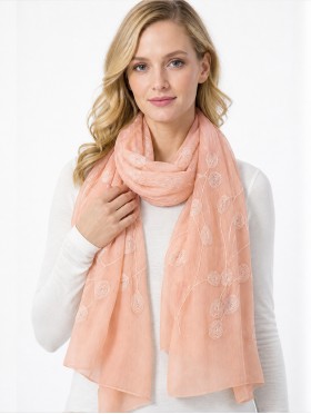 Lightweight Scarf with Embroidered Leaves 