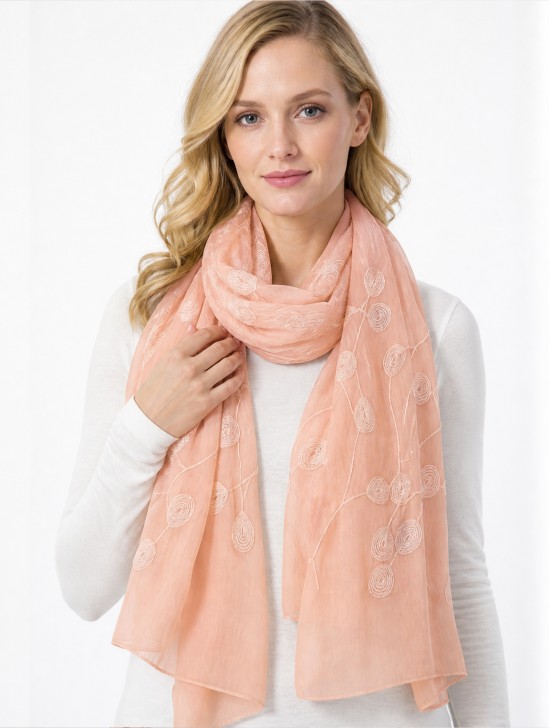 Lightweight Scarf with Embroidered Leaves 